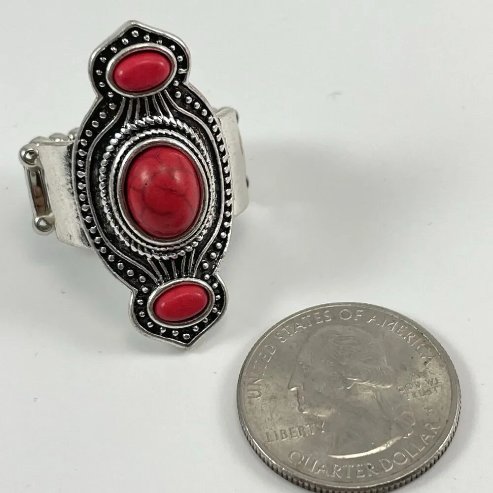 Red Howlite Silver Tone Art Deco Gothic Stretch Band Ring Adjustable Fashion